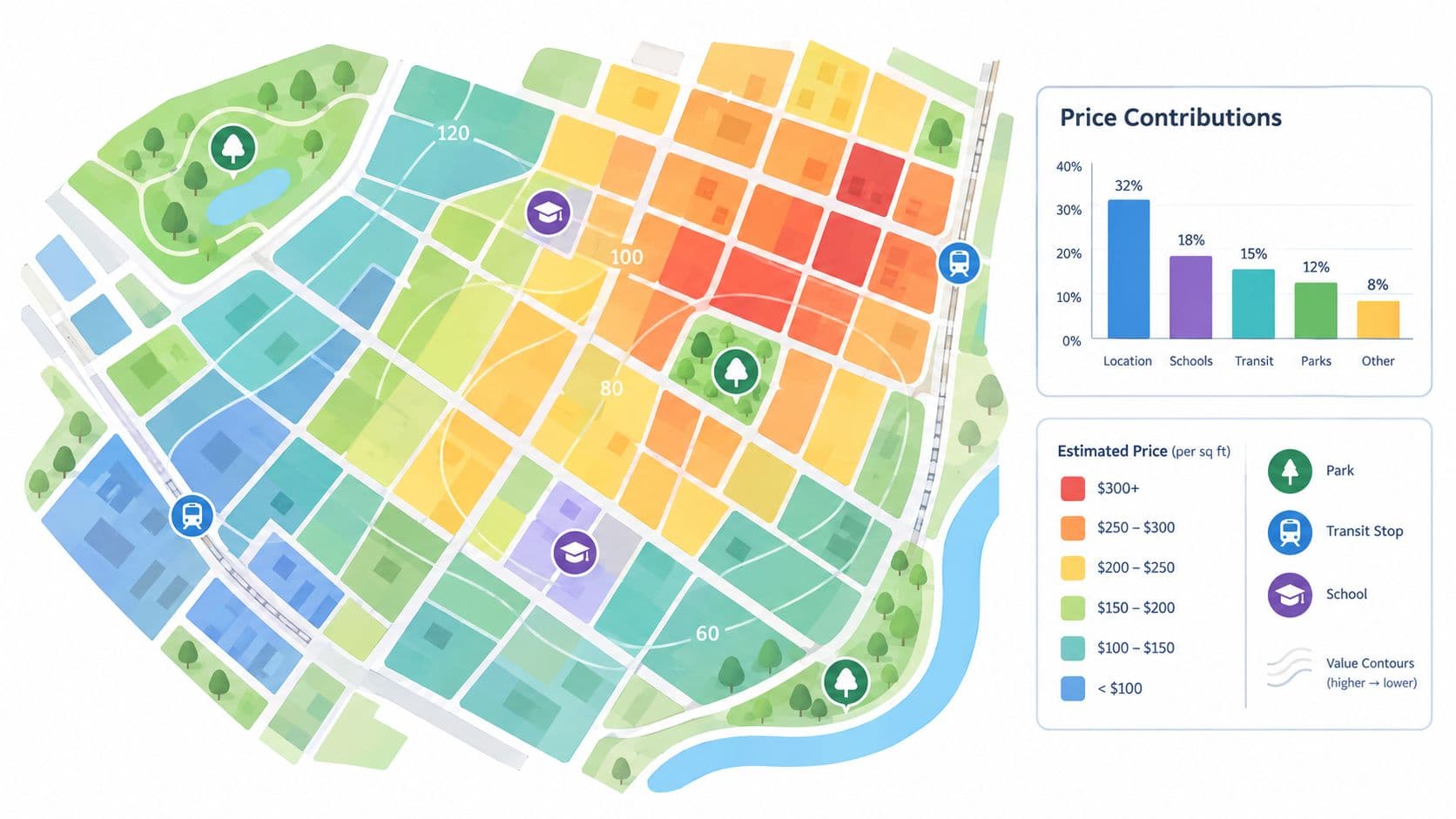A map visualizing land valuation based on various factors like transit, schools, and parks with price contours.