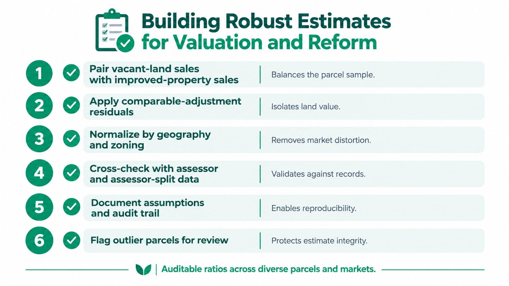 A six-step guide for building robust property valuation estimates and land reform methodologies.