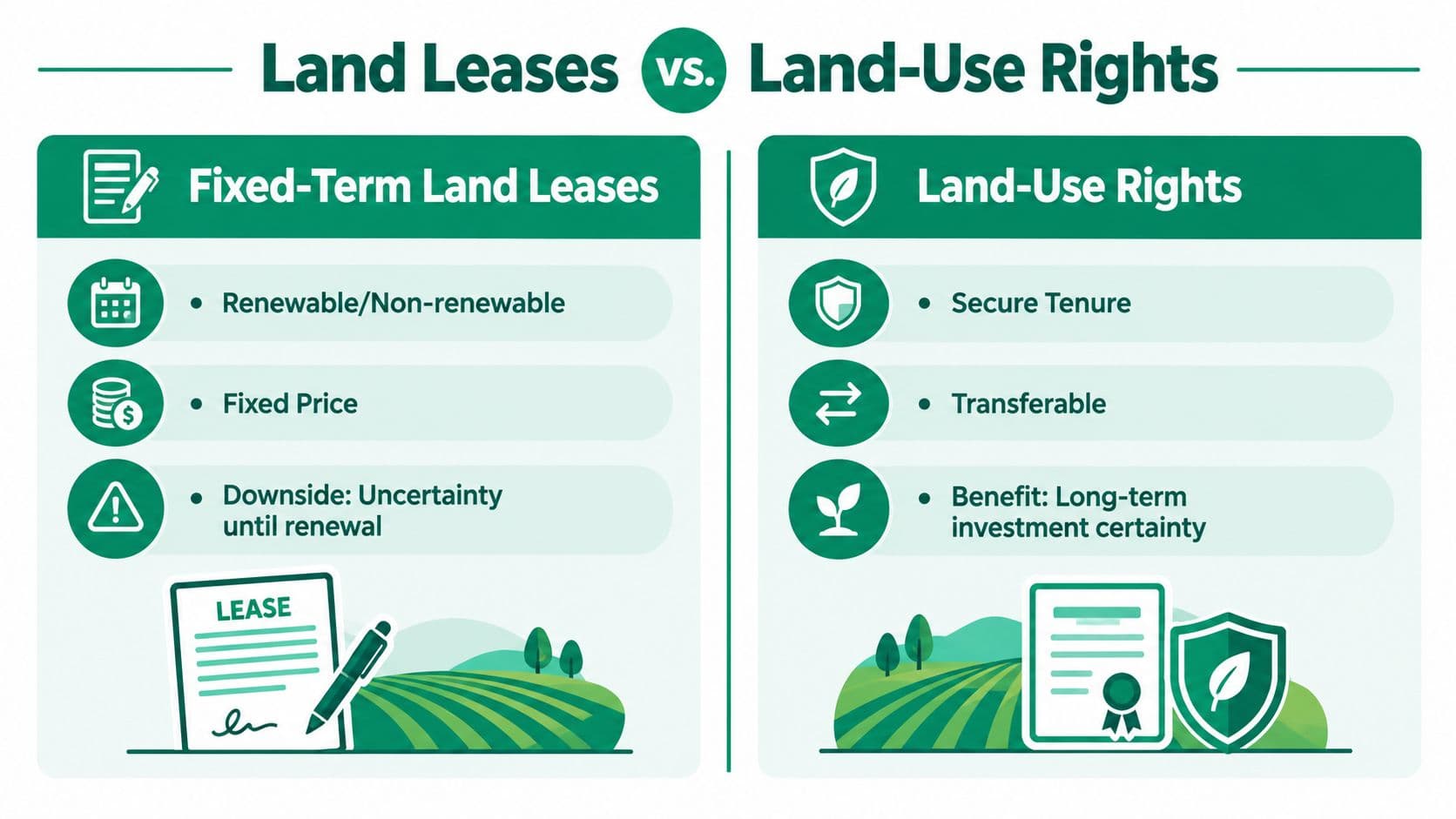 A comparison infographic between fixed-term land leases and land-use rights, highlighting key features and benefits.