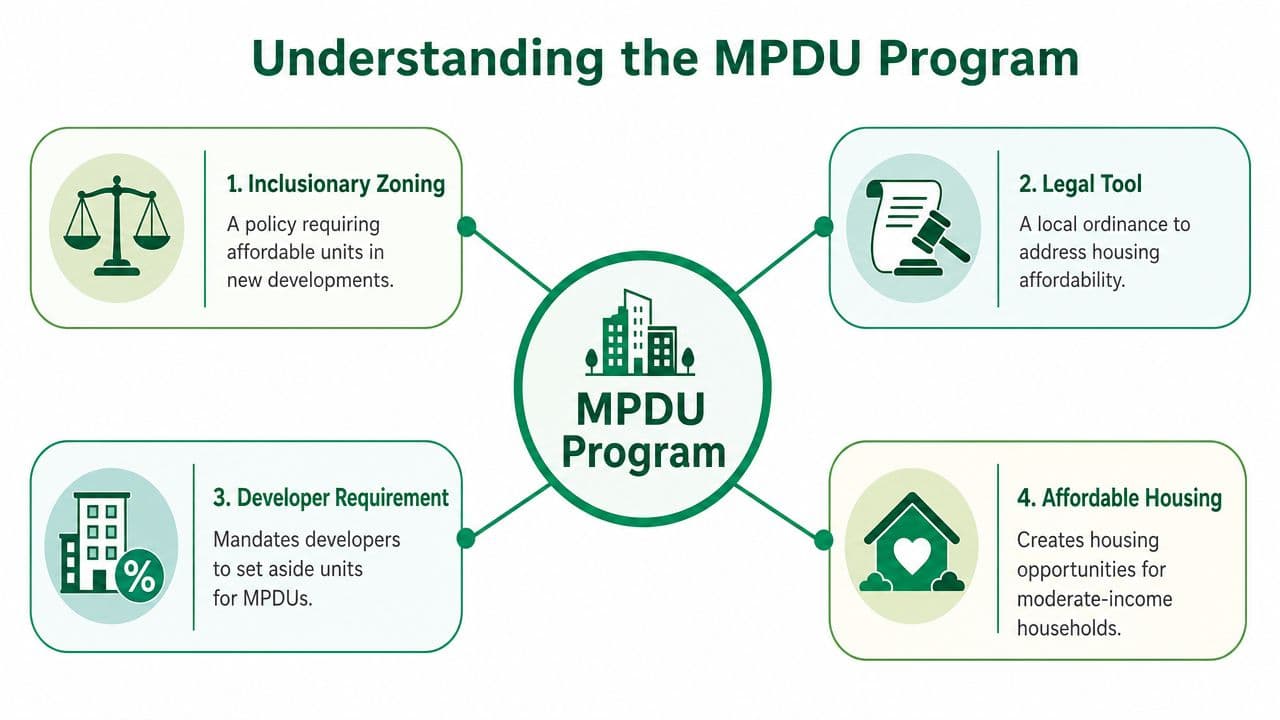 A diagram explaining the MPDU program featuring inclusionary zoning, legal tools, developer requirements, and affordable housing opportunities.