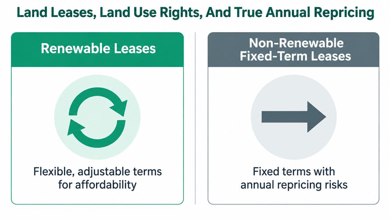 A comparison chart showing the differences between renewable leases and non-renewable fixed-term land leases.