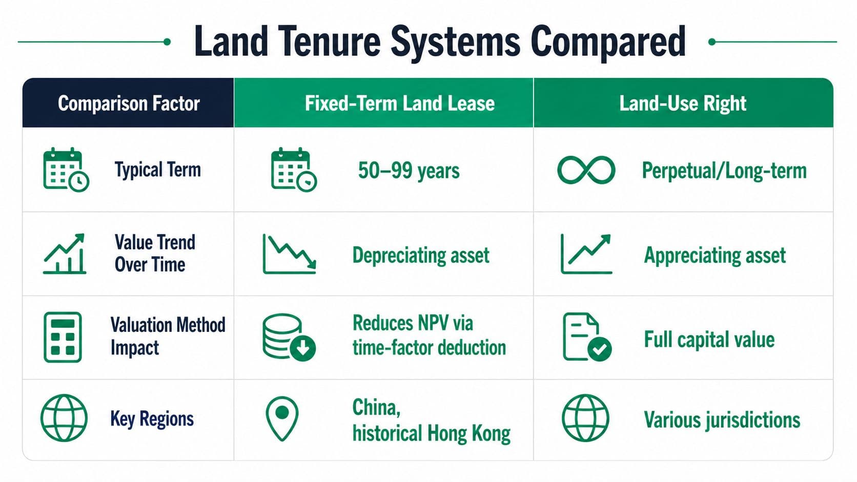 A comparison table outlining key differences between fixed-term land leases and perpetual land-use rights.