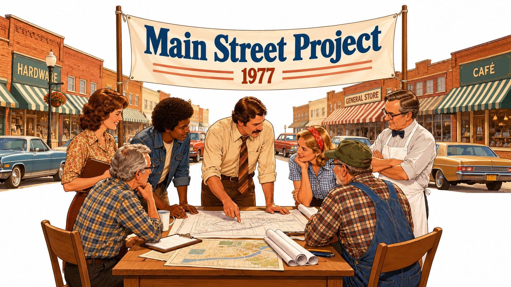A diverse group of people planning a community revitalization project around a table on Main Street.