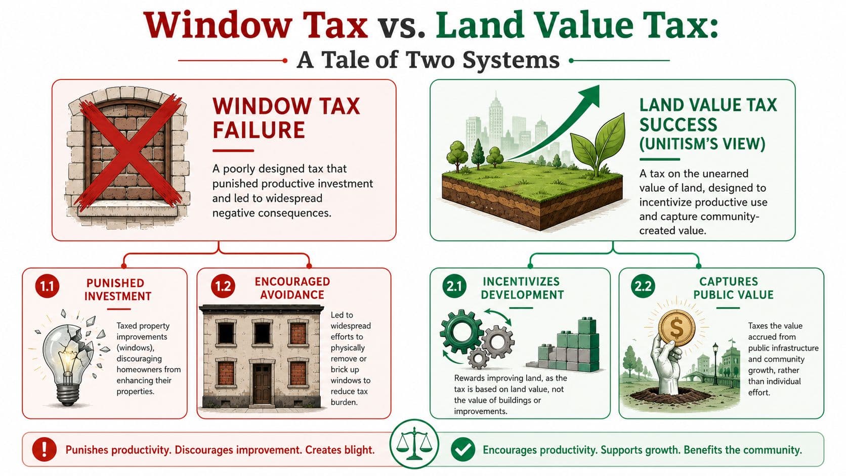 An infographic comparing the failed historical Window Tax to the beneficial economic concept of Land Value Tax.