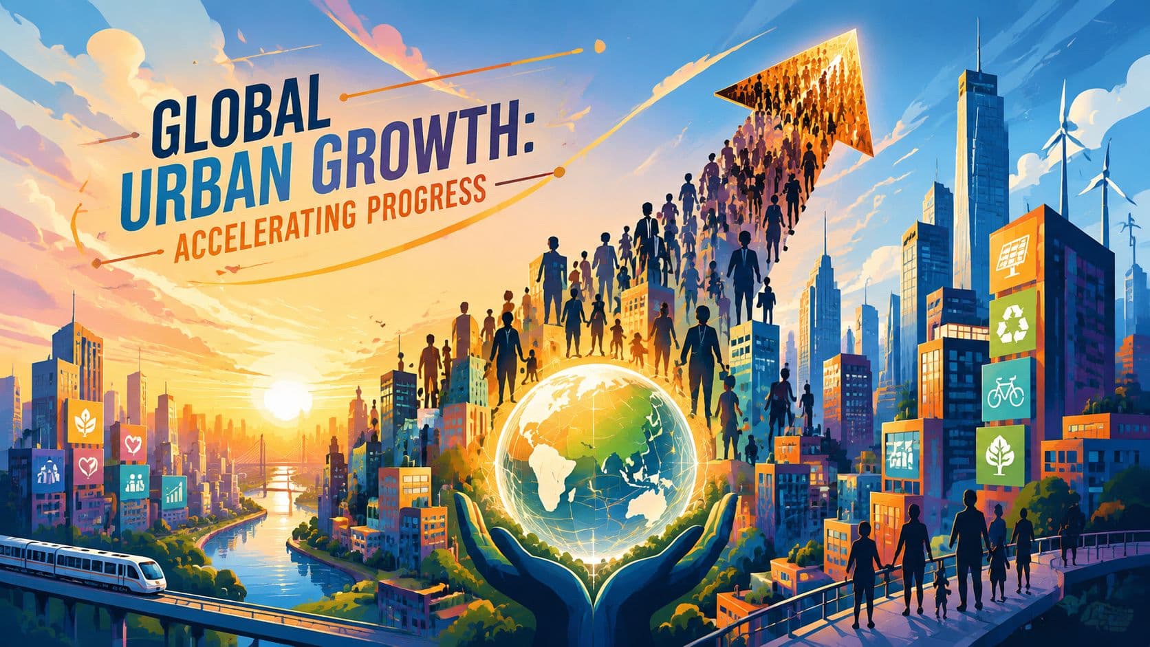 An illustration of urban growth with a glowing globe held by hands, rising people, and sustainable symbols.