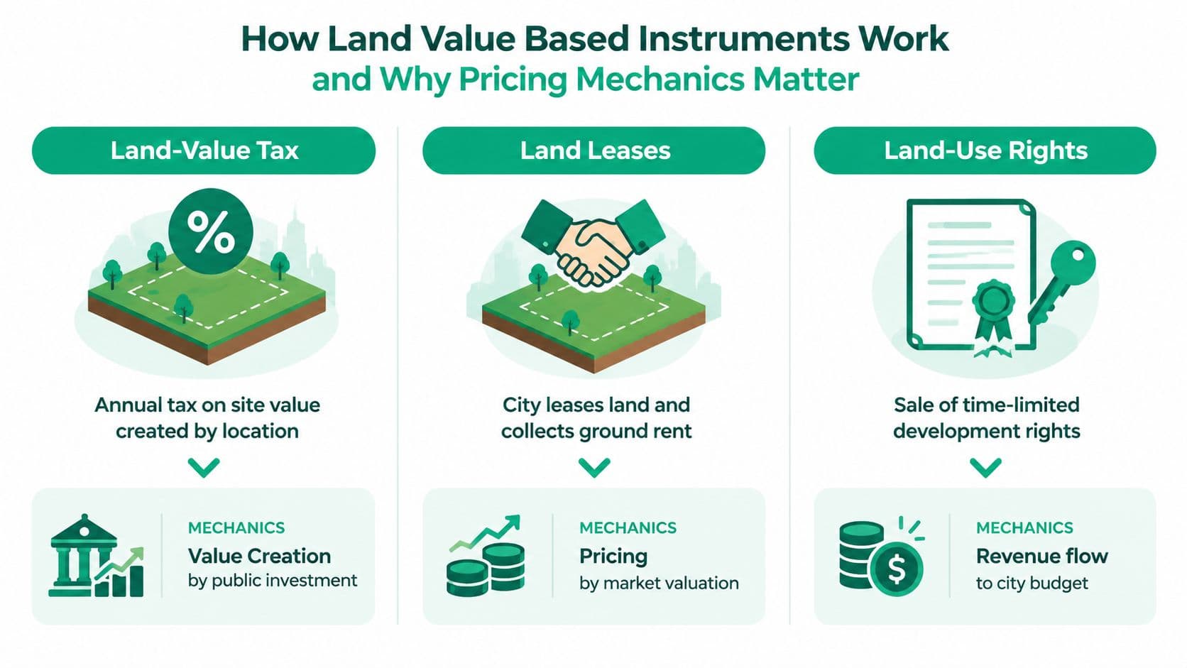 An infographic illustrating three land value based instruments: land-value tax, land leases, and land-use rights.