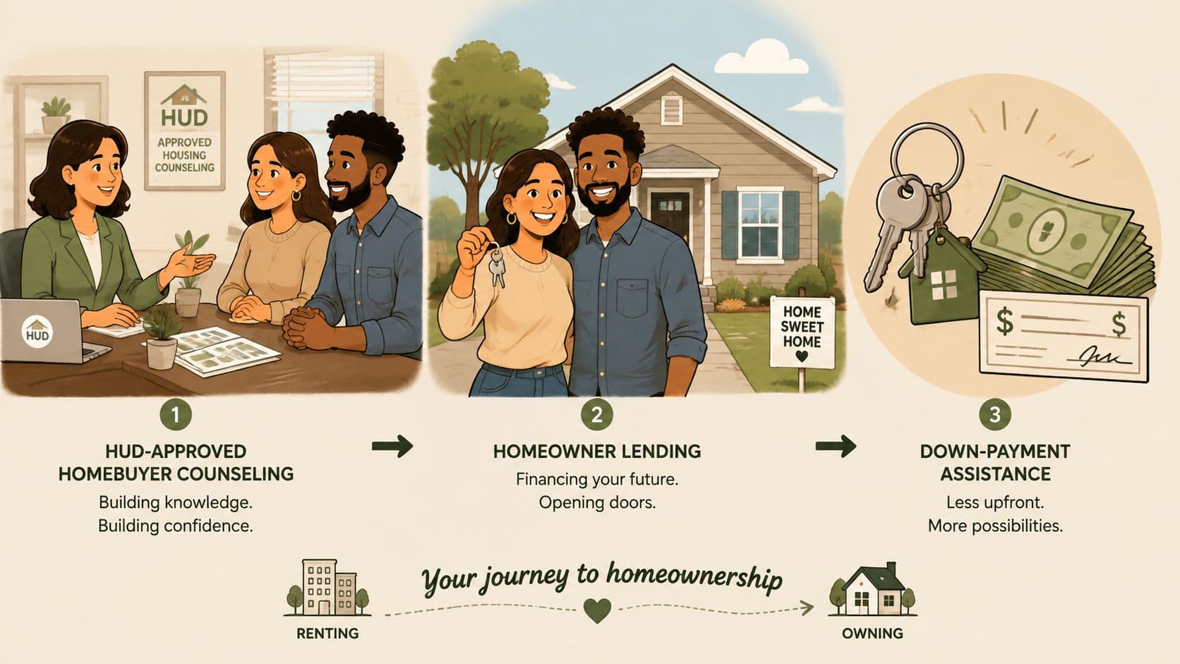 A three-step infographic showing the journey from renting to homeownership with HUD counseling and assistance programs.