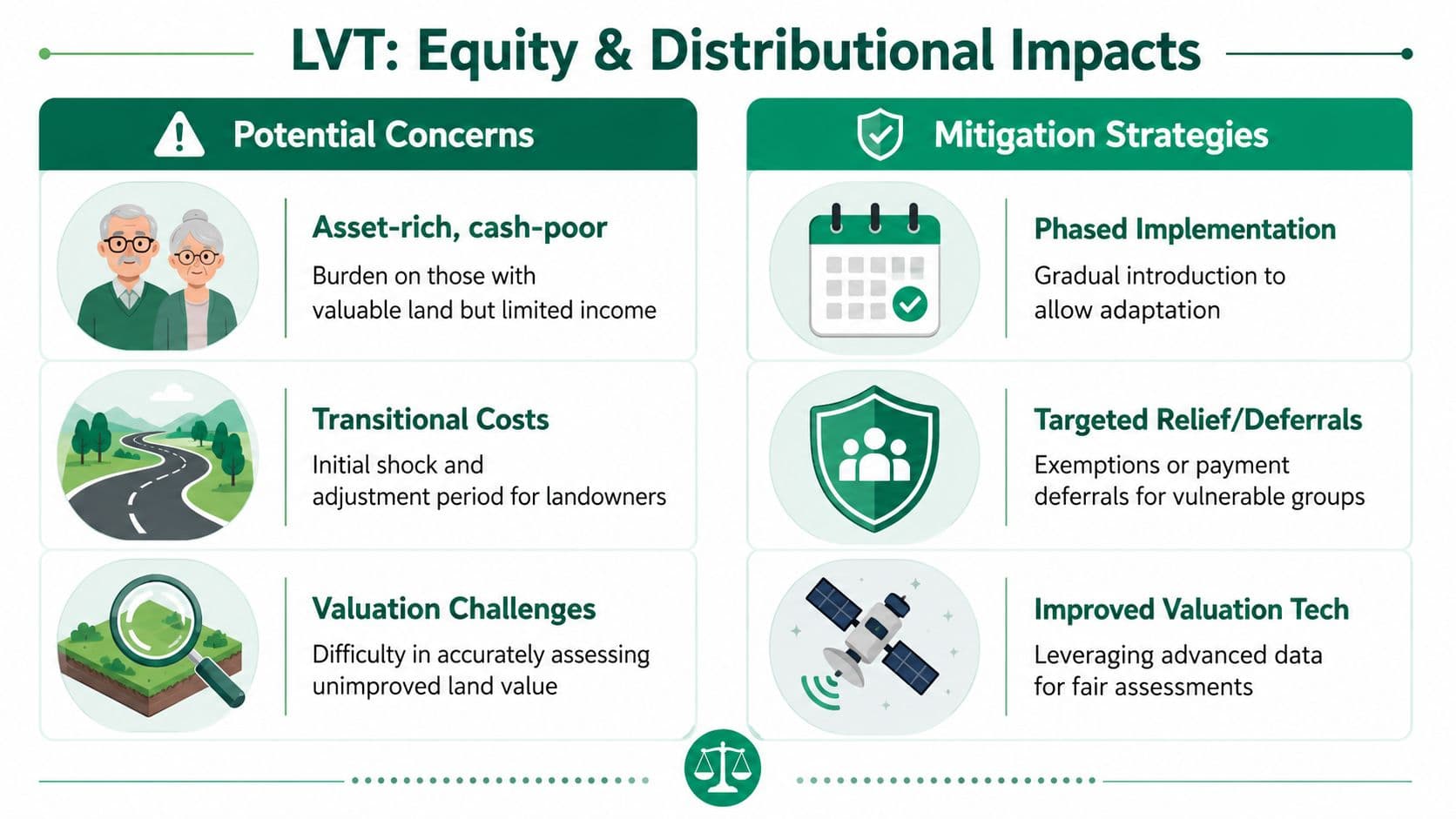 An infographic titled LVT: Equity and Distributional Impacts showing potential concerns and corresponding mitigation strategies for land value taxation.