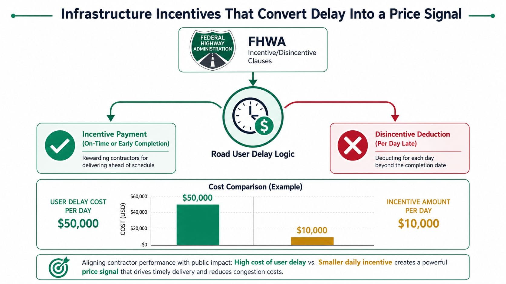 A diagram explaining Federal Highway Administration incentive and disincentive clauses for infrastructure projects to minimize user delay.
