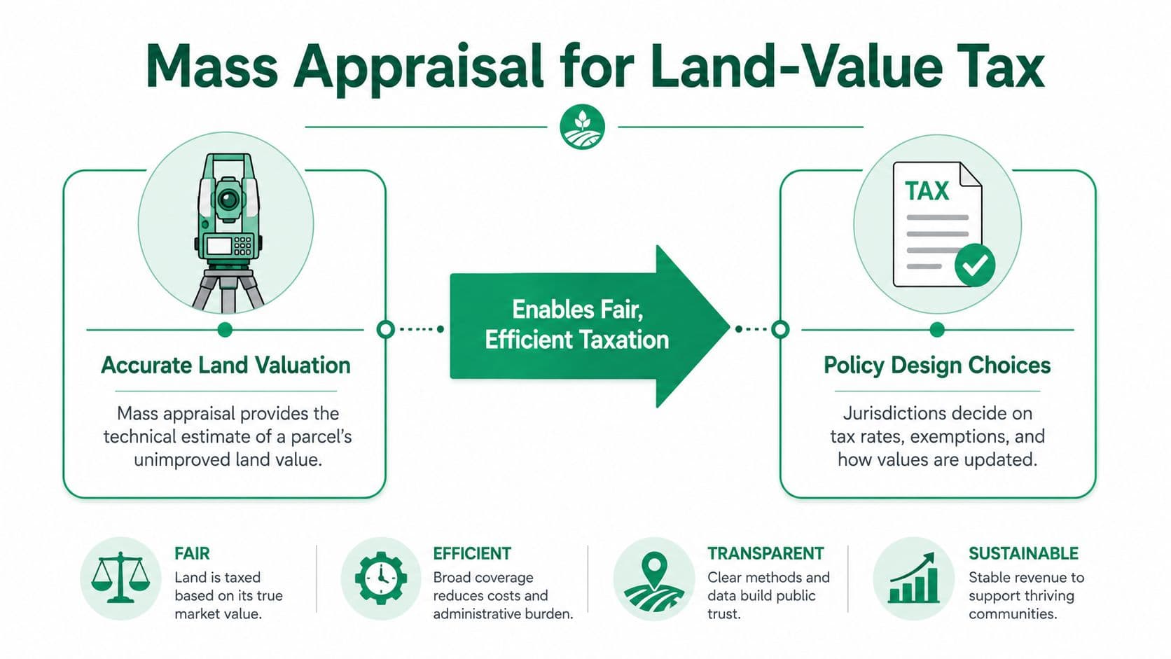 An infographic titled Mass Appraisal for Land-Value Tax, explaining how technical valuation enables fair and efficient taxation policies.