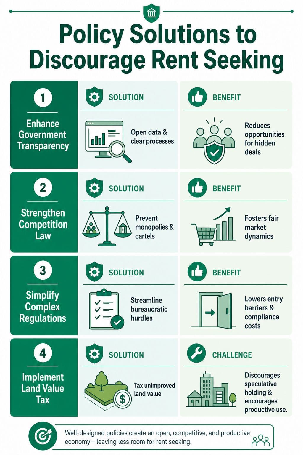 An infographic detailing four policy solutions to discourage rent seeking, including government transparency, competition laws, and taxation.
