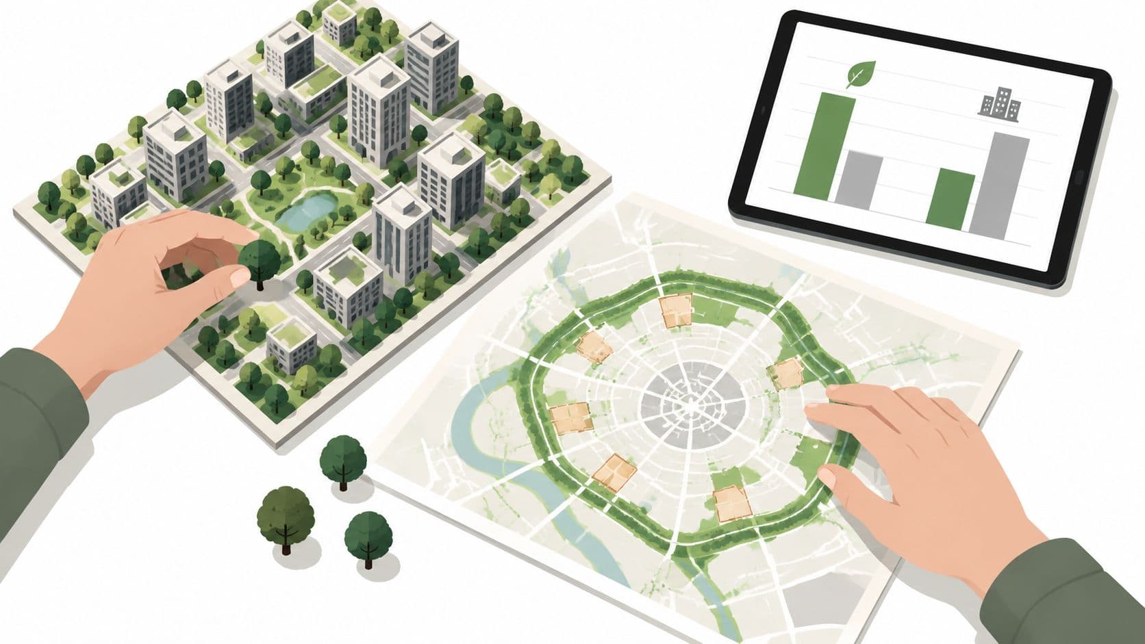 A person planning urban development with a miniature city model, a circular city map, and digital analytics.