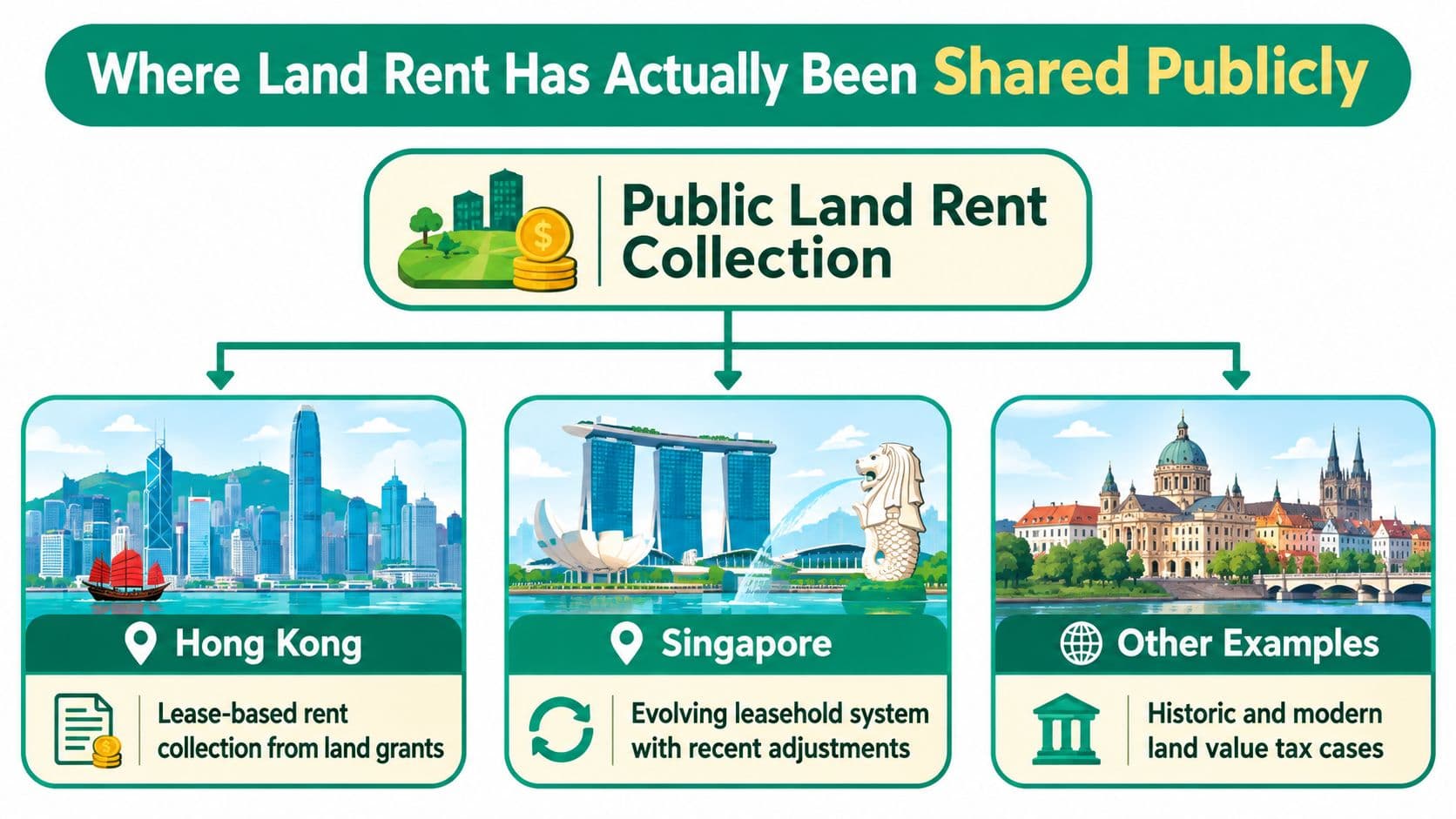 An infographic illustrating examples of public land rent collection in Hong Kong, Singapore, and other global regions.