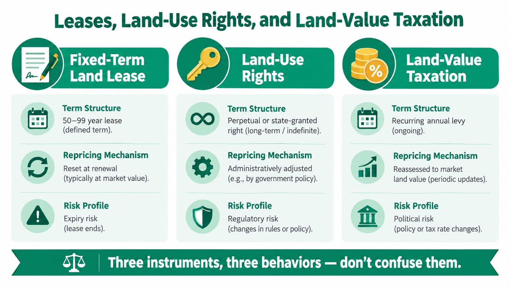 A comparison chart explaining the differences between fixed-term land leases, land-use rights, and land-value taxation systems.