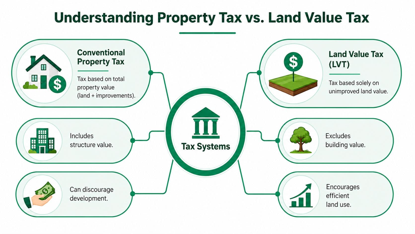 A diagram comparing traditional property tax based on total property value versus land value tax.