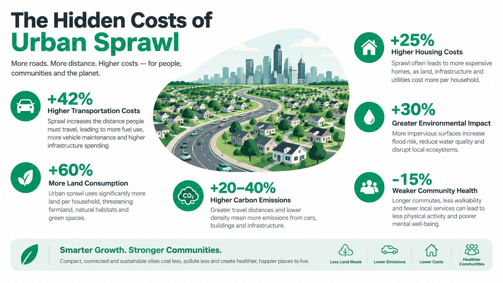 An infographic detailing the negative economic, environmental, and social impacts of urban sprawl on communities.