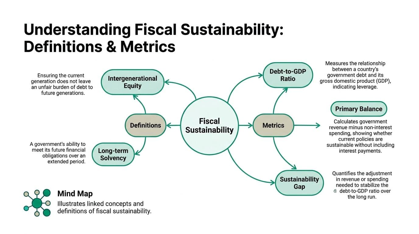 A mind map illustrating key definitions and metrics for understanding the concept of fiscal sustainability.