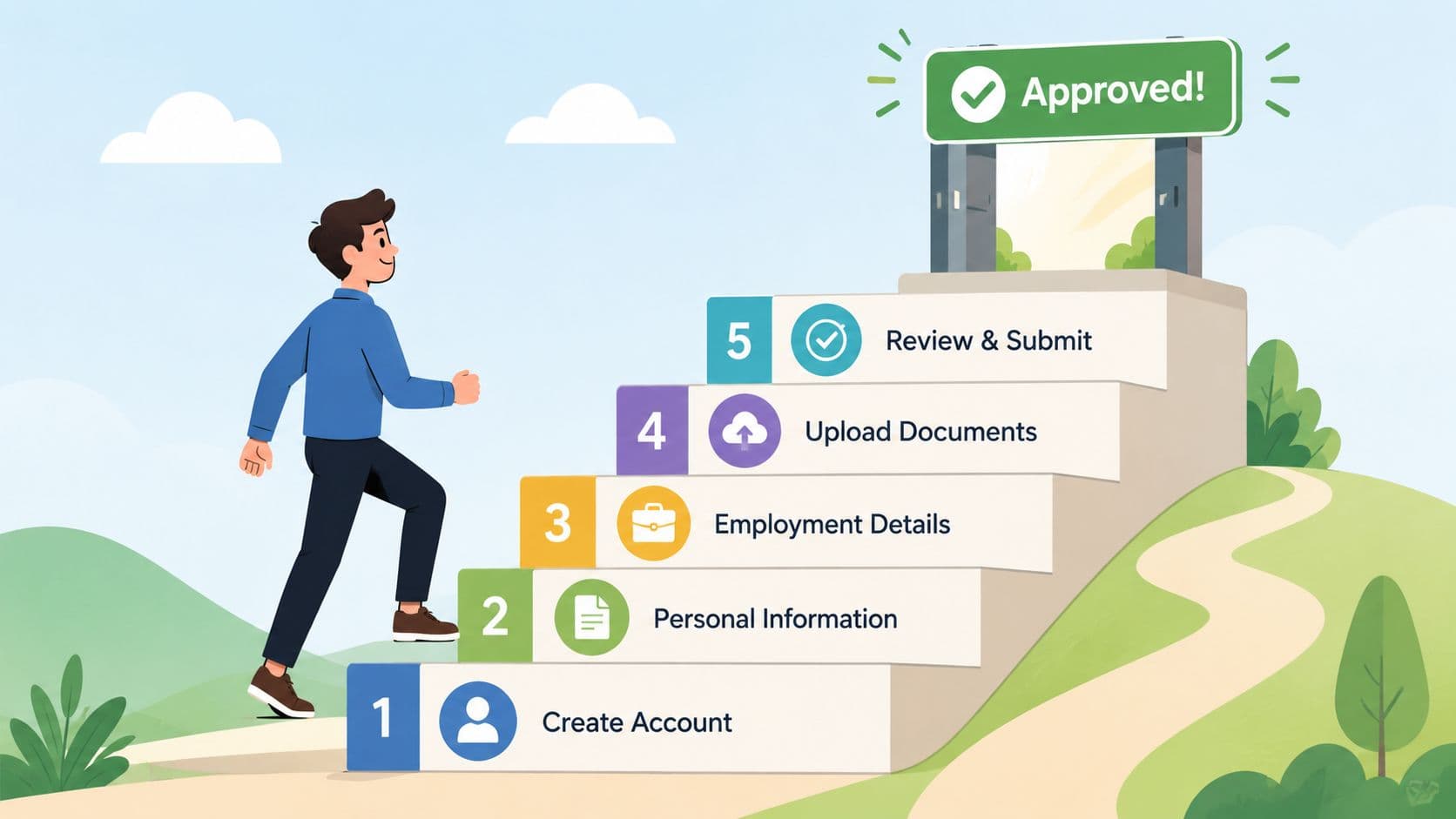 A cartoon illustration showing a person climbing stairs to achieve approval in a five-step application process.