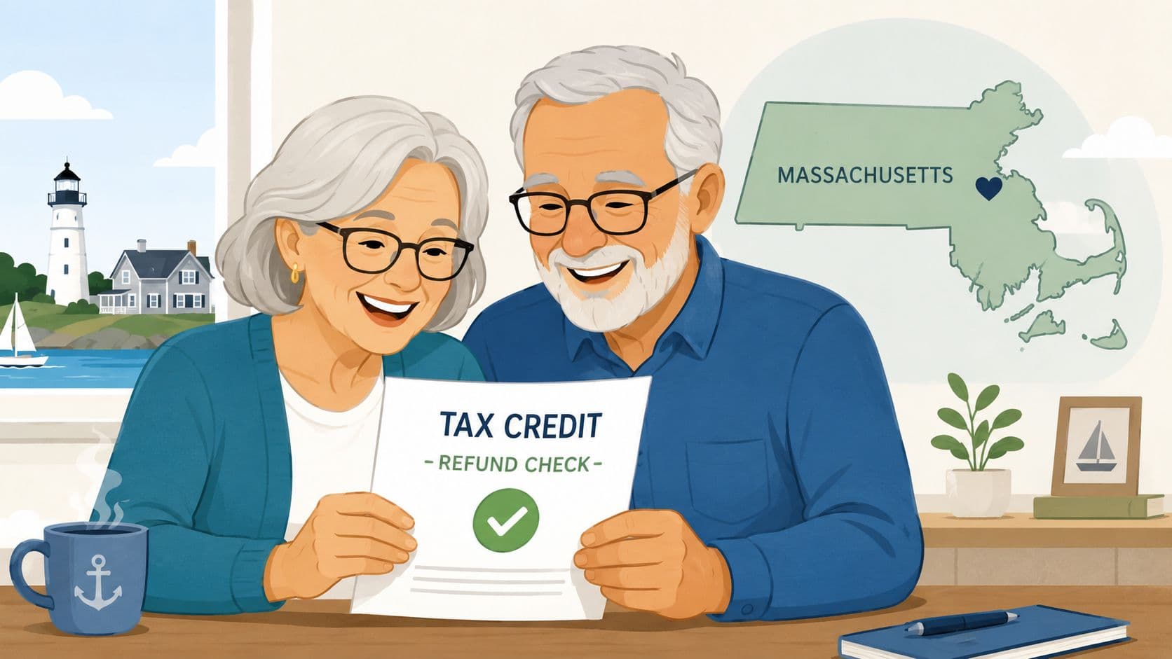 A happy senior couple in Massachusetts looking at a tax credit refund check with a smile.