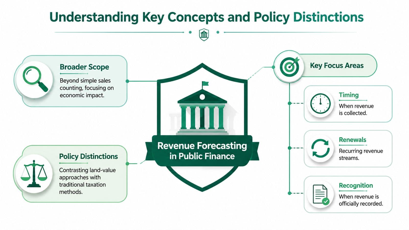 A diagram outlining key concepts and policy distinctions for revenue forecasting in public finance including scope and focus areas.