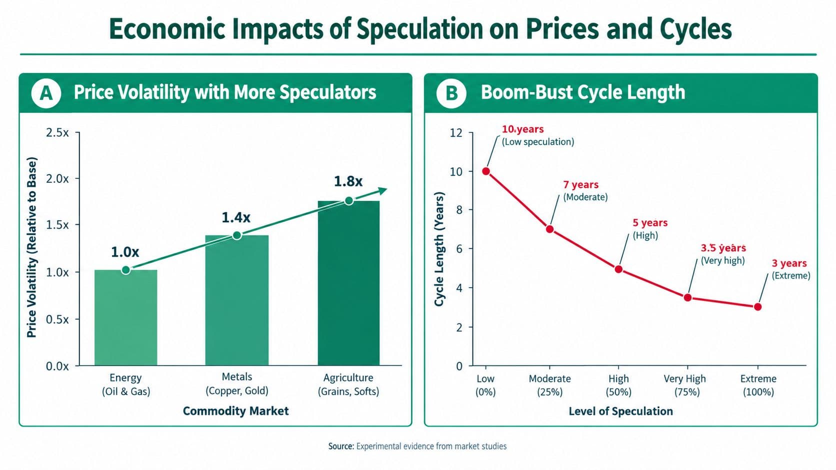 A chart showing how increased market speculation correlates with higher price volatility and shorter economic boom-bust cycles.