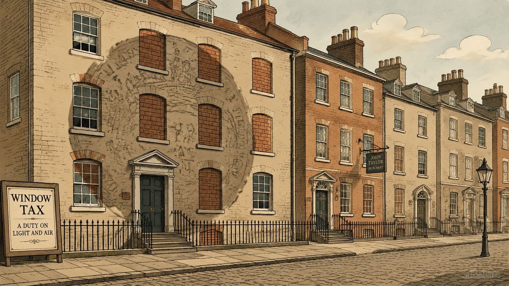 A historical illustration depicting Georgian townhouses with bricked-up windows to avoid paying the British window tax.