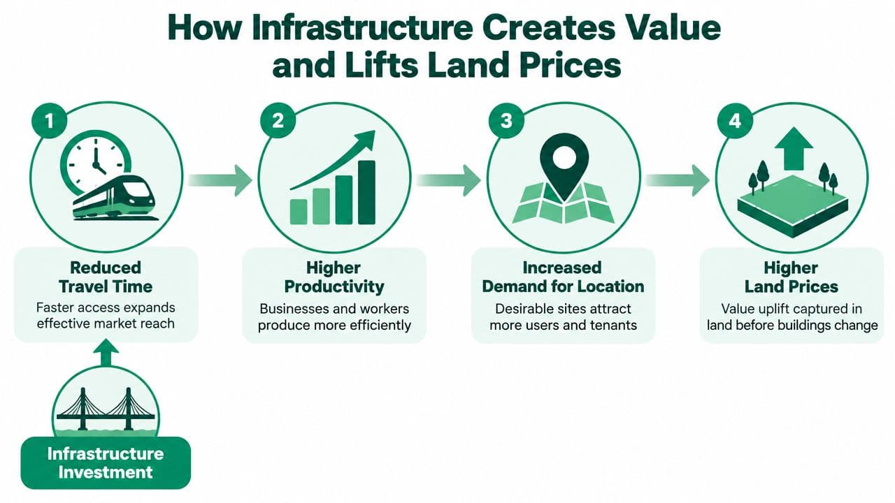 A diagram illustrating four steps of how infrastructure investment leads to reduced travel time and higher land prices.
