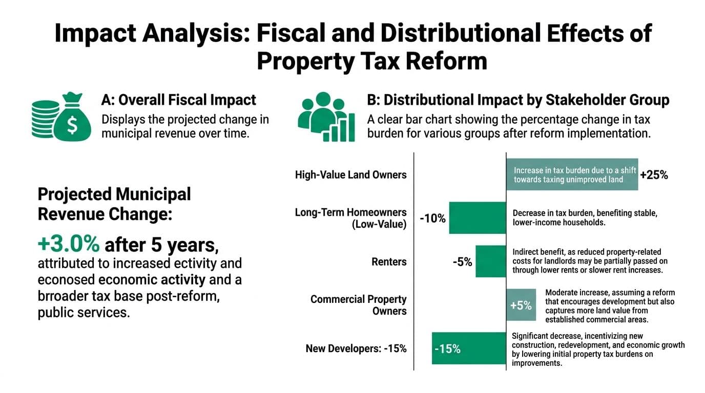 An infographic showing the fiscal and distributional effects of property tax reform on various stakeholder groups.