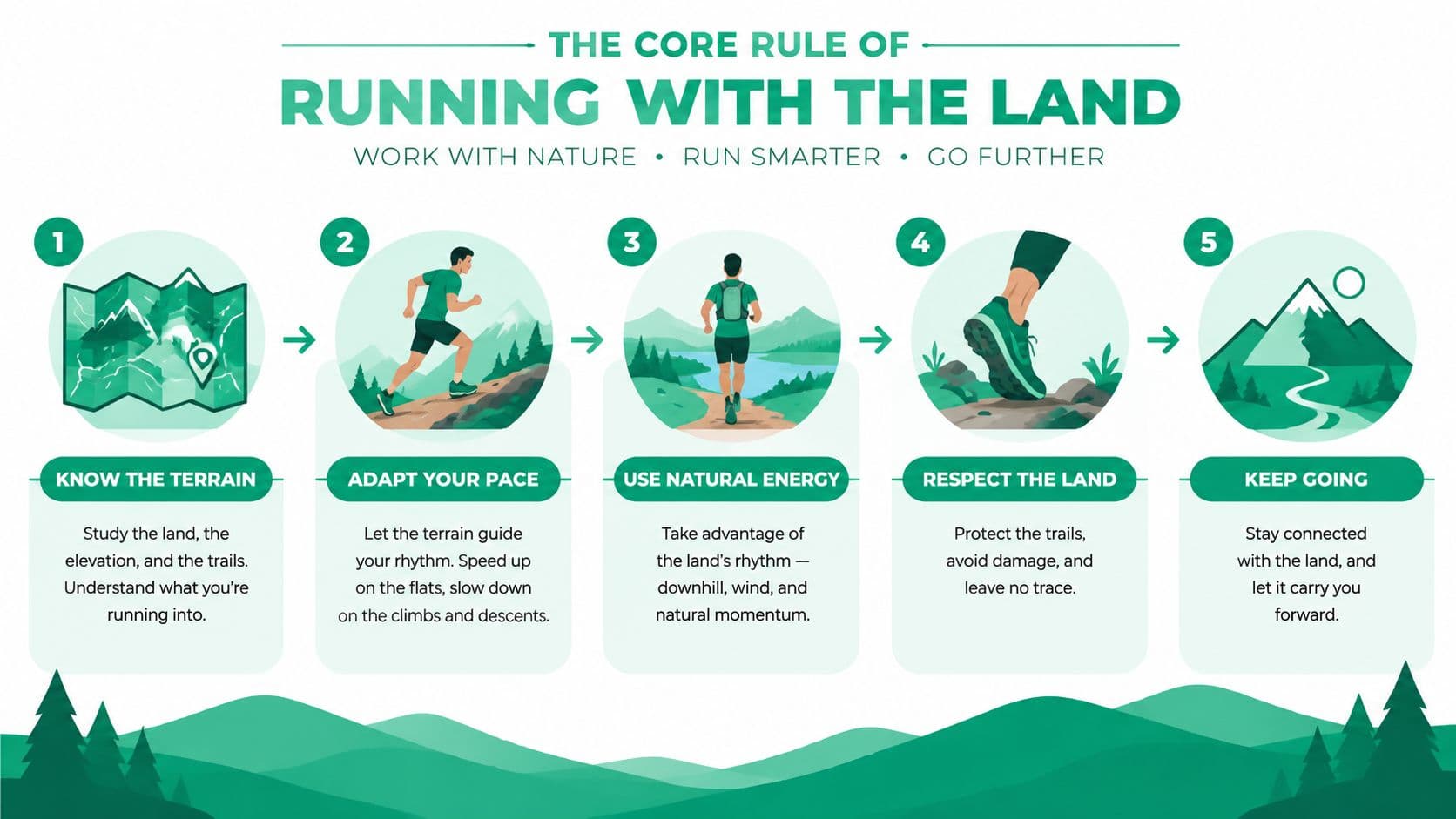 An infographic titled The Core Rule of Running with the Land outlining five steps for trail running.
