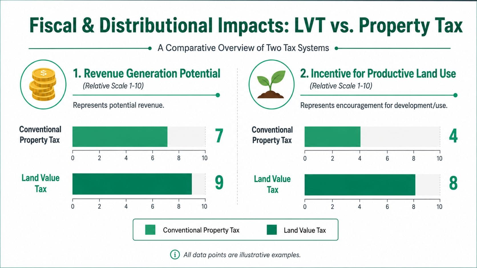 A comparison chart showing the revenue potential and land use incentives of LVT versus property taxes.