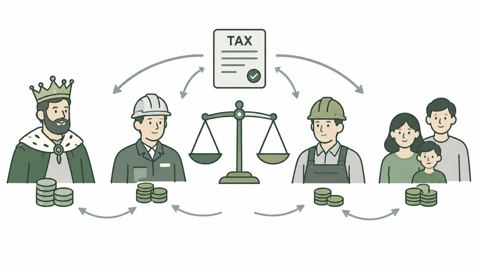 An illustration showing a king, workers, and a family interacting with a tax document and scales.
