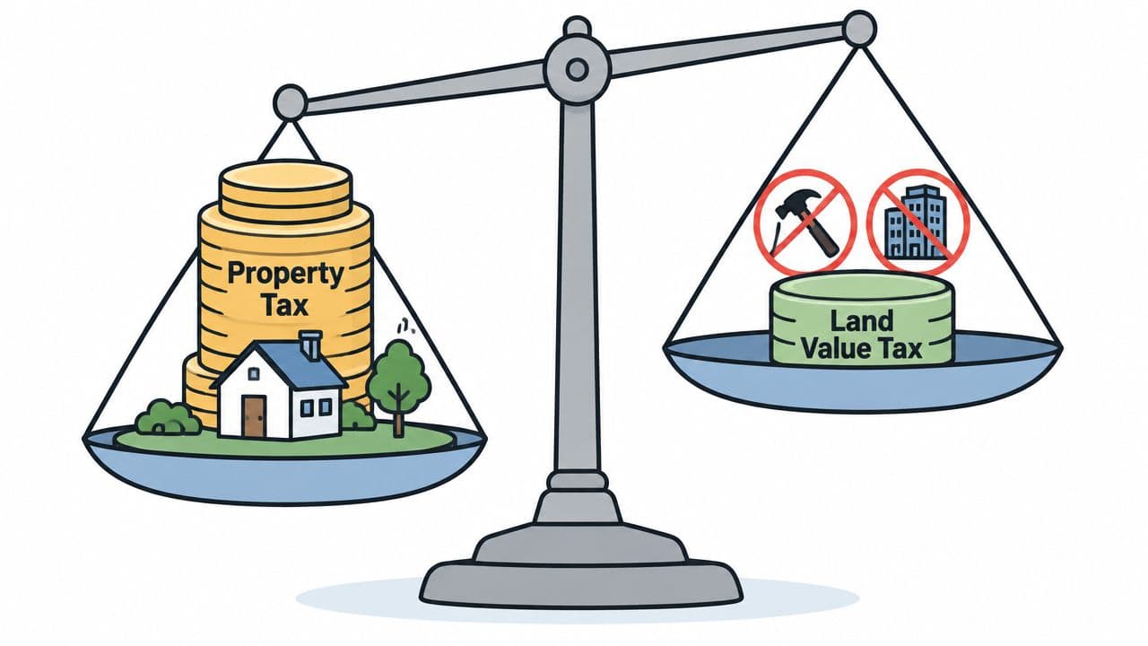 A scale comparing a property tax, featuring a house and coins, against a land value tax.