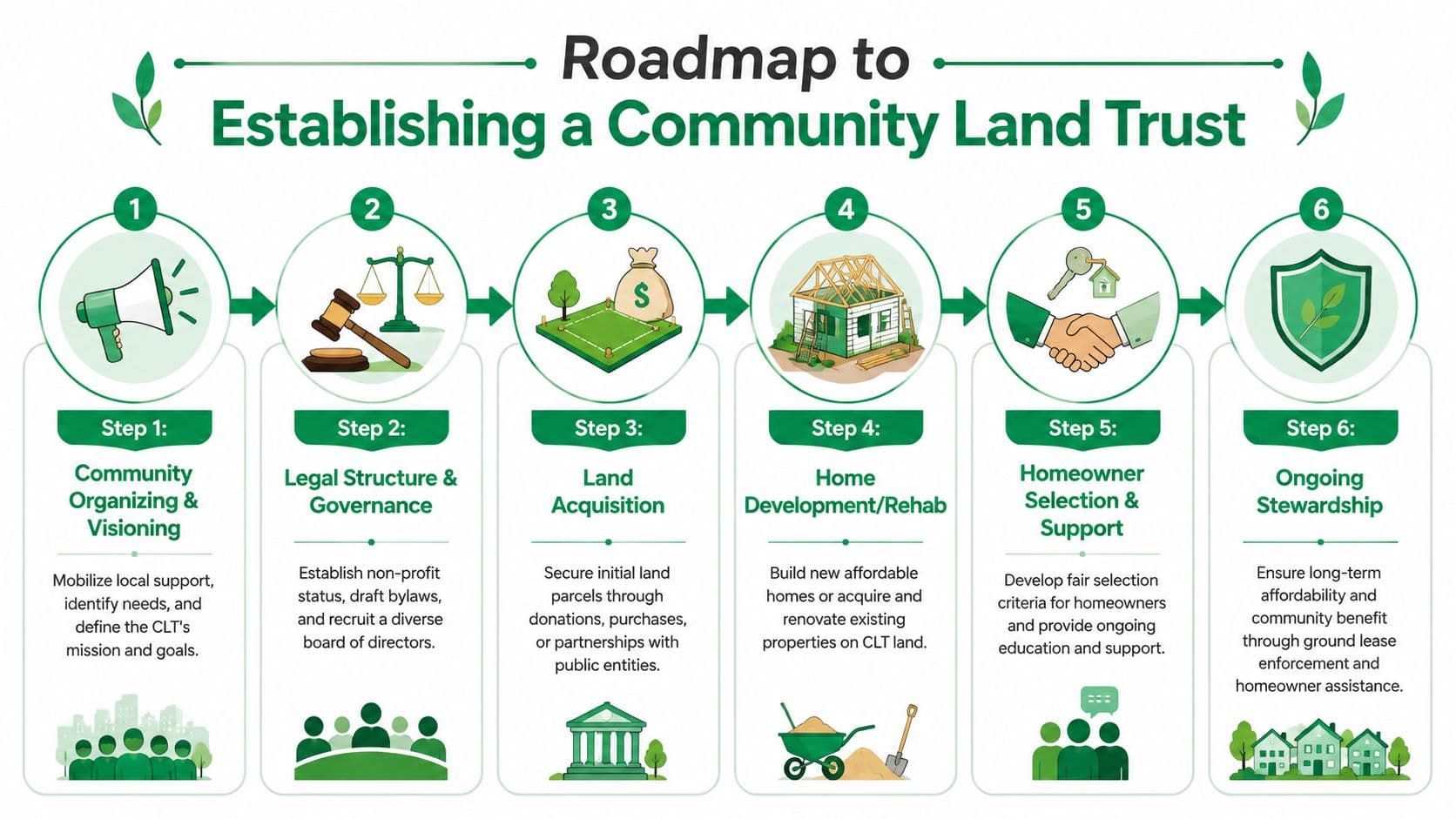 A six-step infographic illustrating the roadmap for establishing and managing a community land trust project.