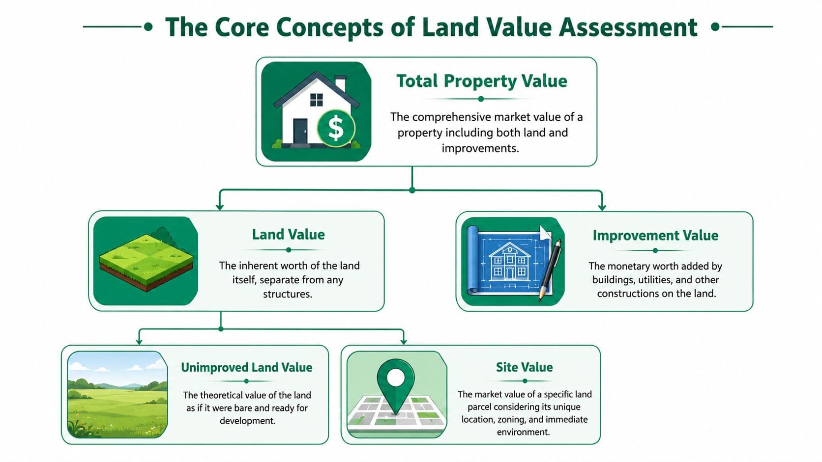 A diagram illustrating the core concepts of land value assessment, including total property, land, and improvement values.