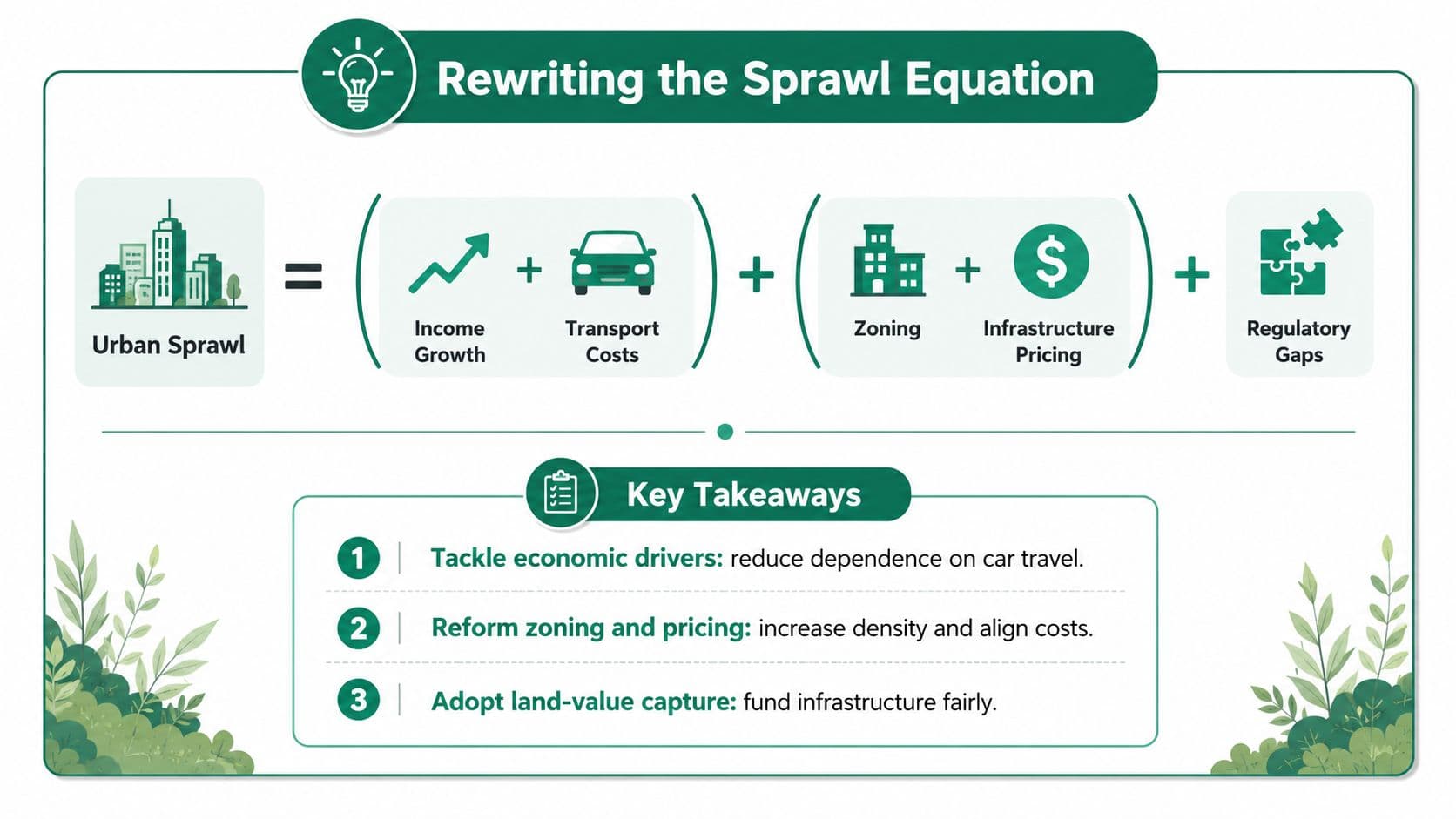 An infographic titled Rewriting the Sprawl Equation outlining the economic and regulatory factors that cause urban sprawl.