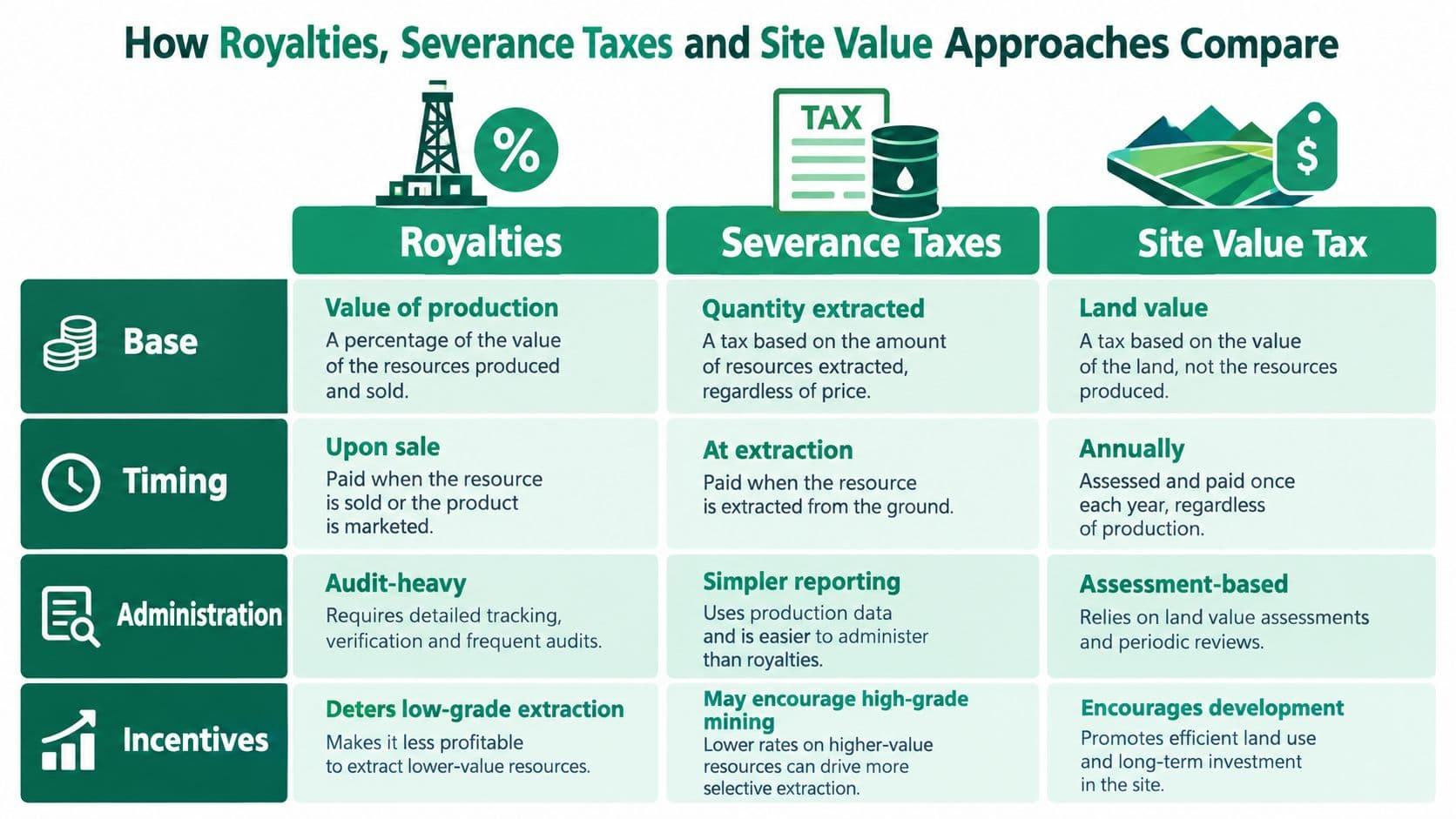 A comparison chart showing how royalties, severance taxes, and site value taxes differ in their tax approach.
