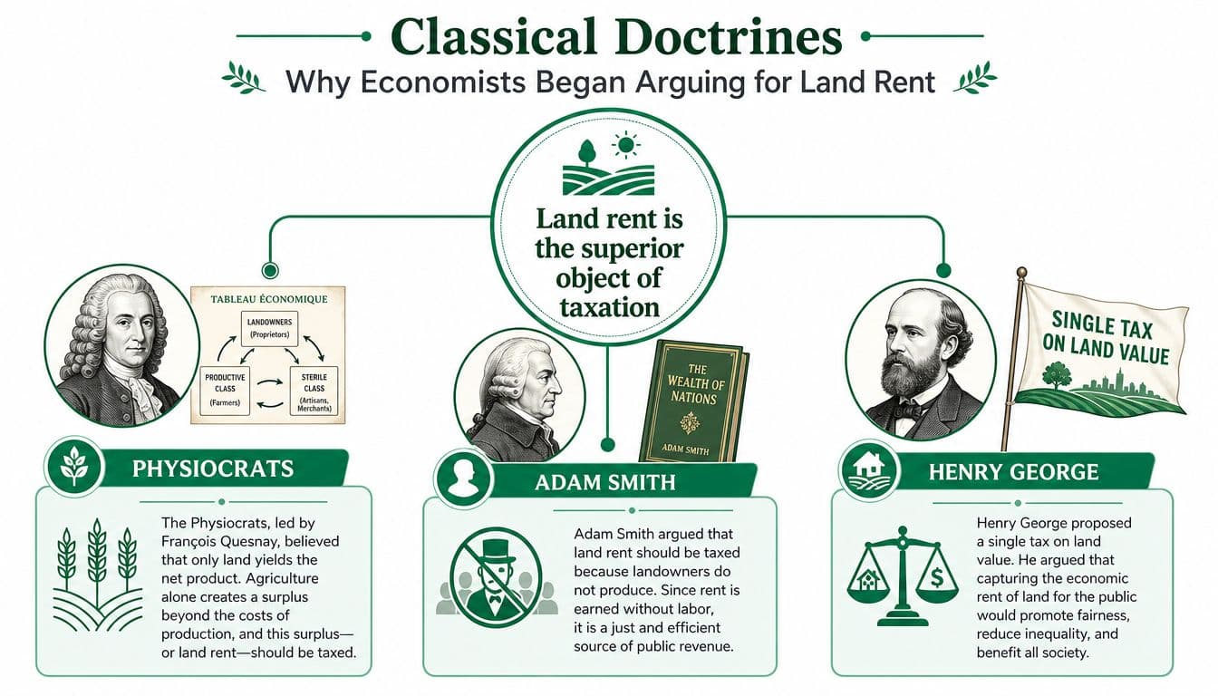 An infographic illustrating how Adam Smith, Physiocrats, and Henry George advocated for taxing land rent.