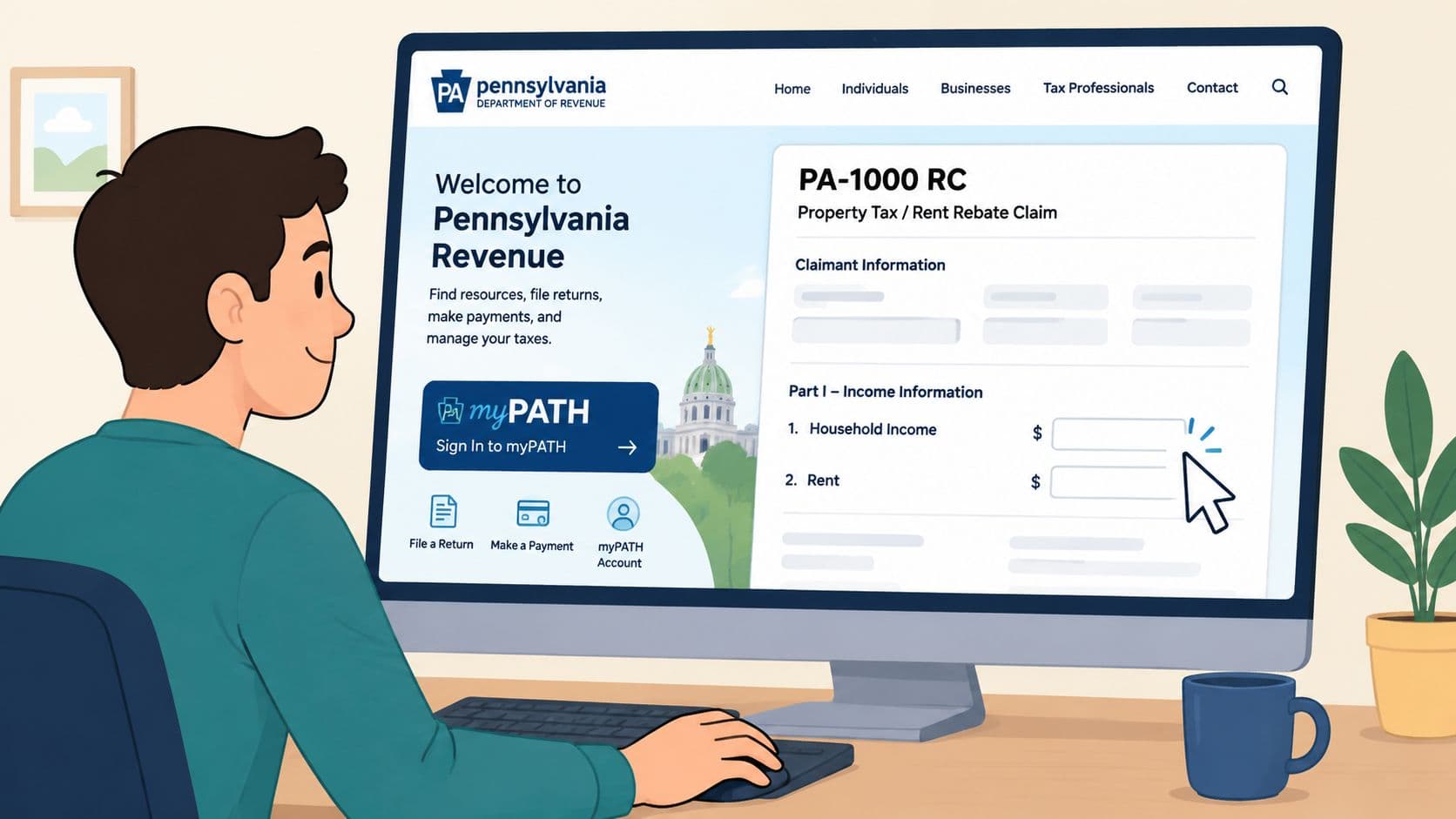 A person sitting at a desk interacting with an online PA-1000 RC property tax and rent rebate form.