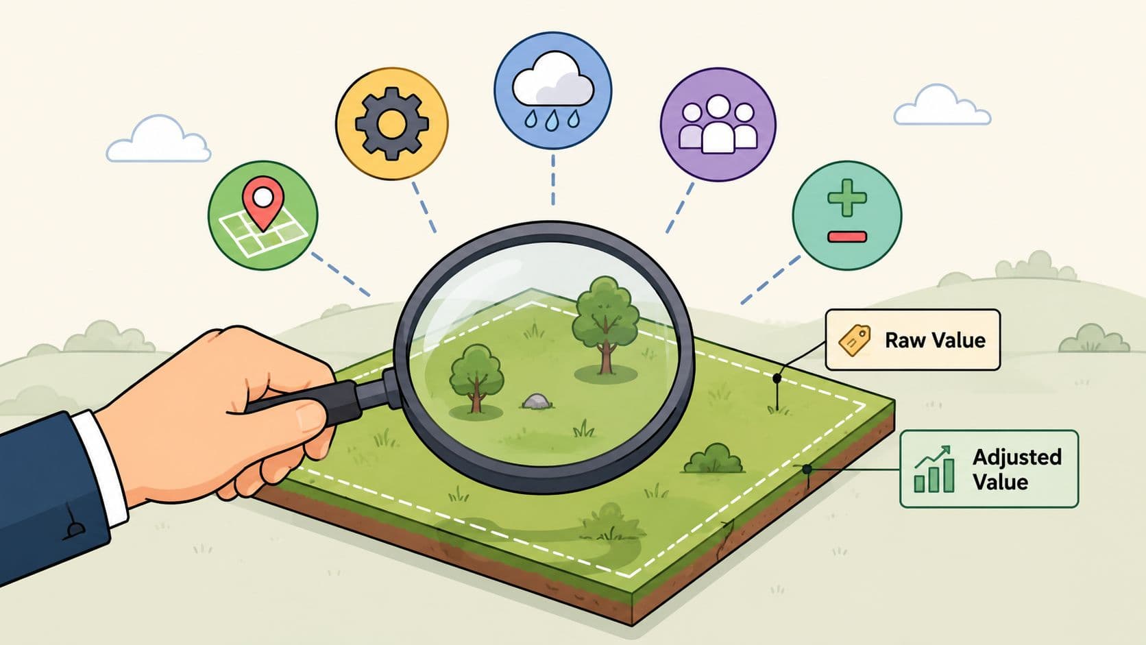 A hand holding a magnifying glass over a piece of land to analyze various valuation factors.