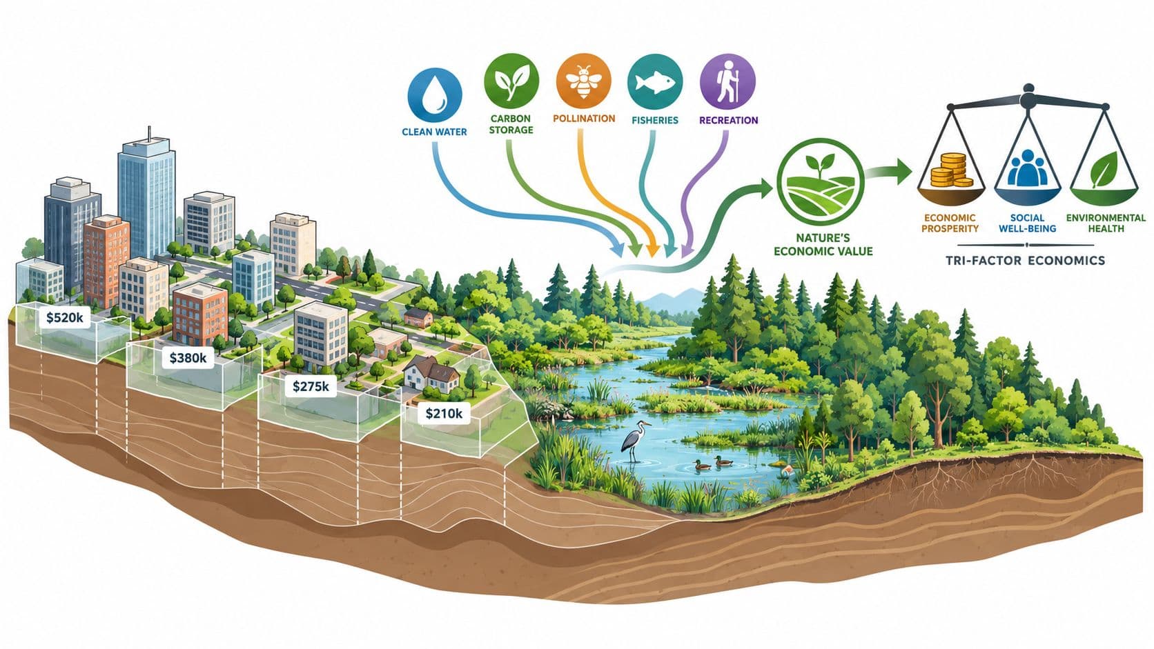 A diagram illustrating how natural ecosystem services contribute to economic prosperity, social well-being, and environmental health.