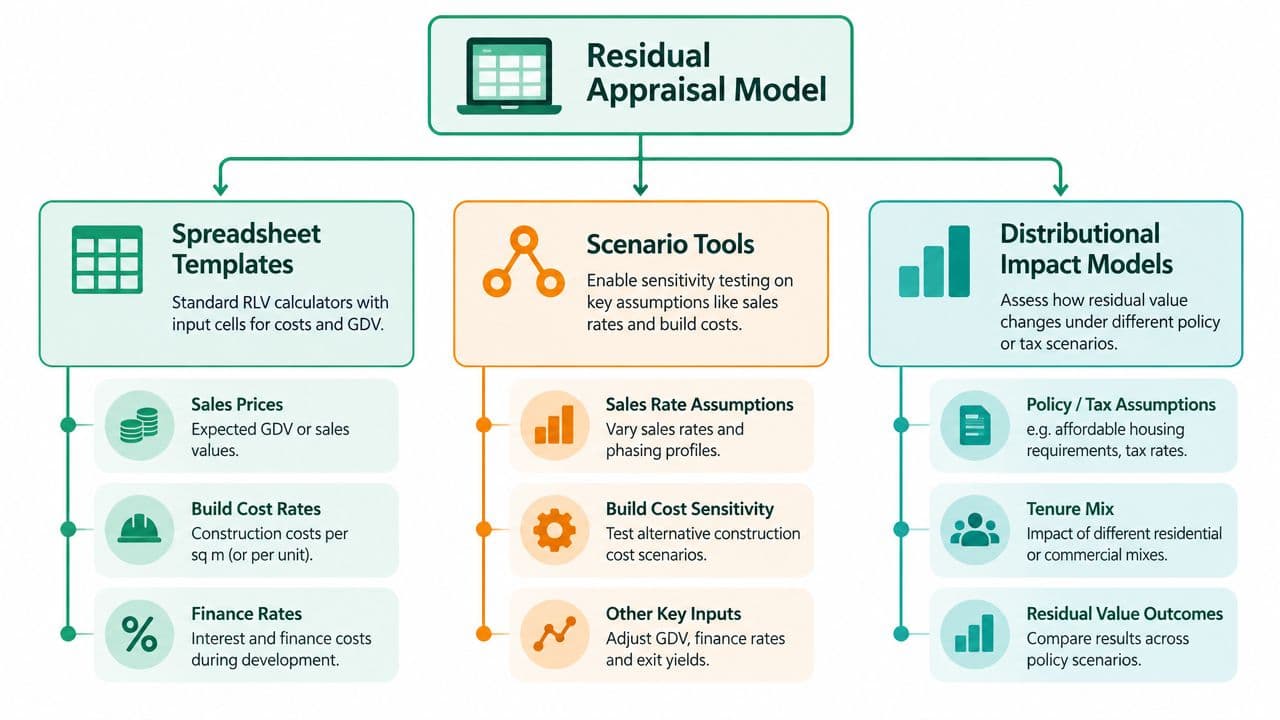 A diagram illustrating the components of a Residual Appraisal Model, including spreadsheet templates, scenario tools, and distributional impact models.
