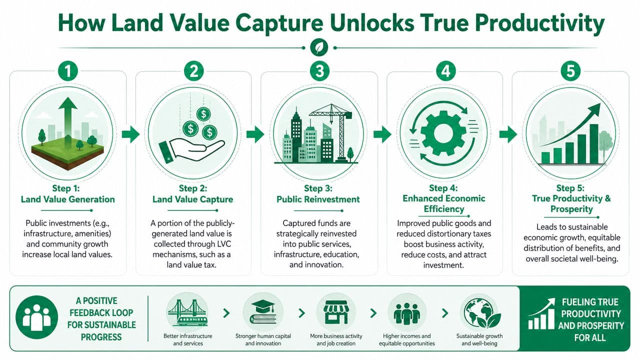 An infographic illustrating the five-step process of land value capture to achieve sustainable economic productivity and growth.