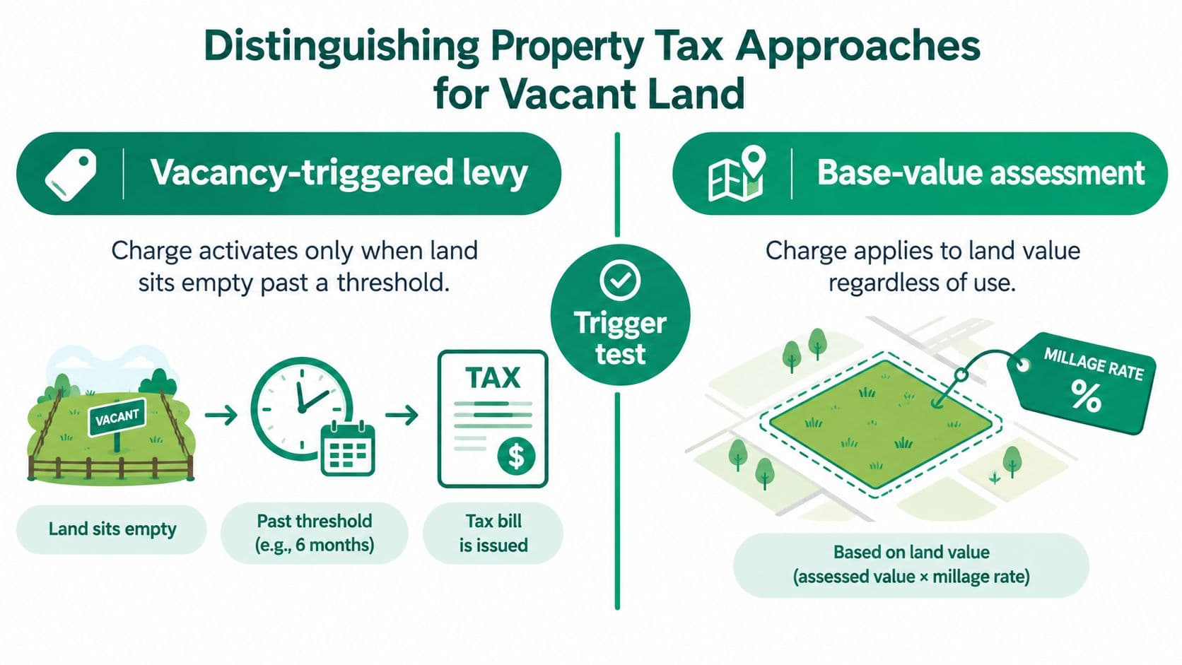 An infographic comparing two property tax approaches for vacant land: vacancy-triggered levies versus base-value assessments.