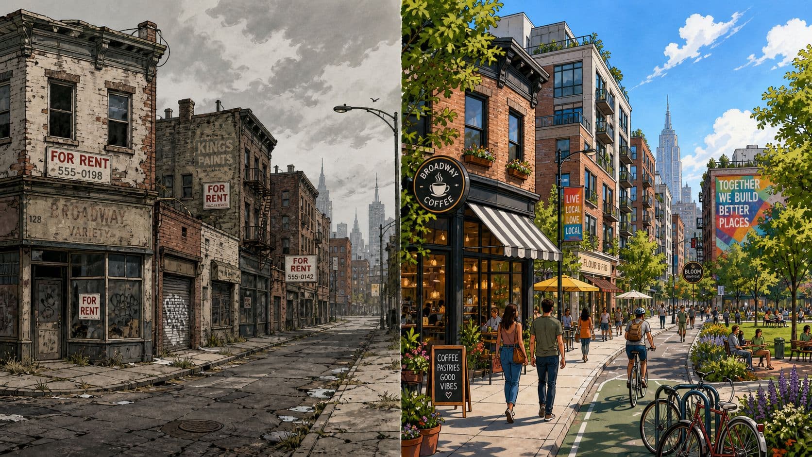 A split-screen comparison showing a run-down urban street transforming into a vibrant, modern, and green community.