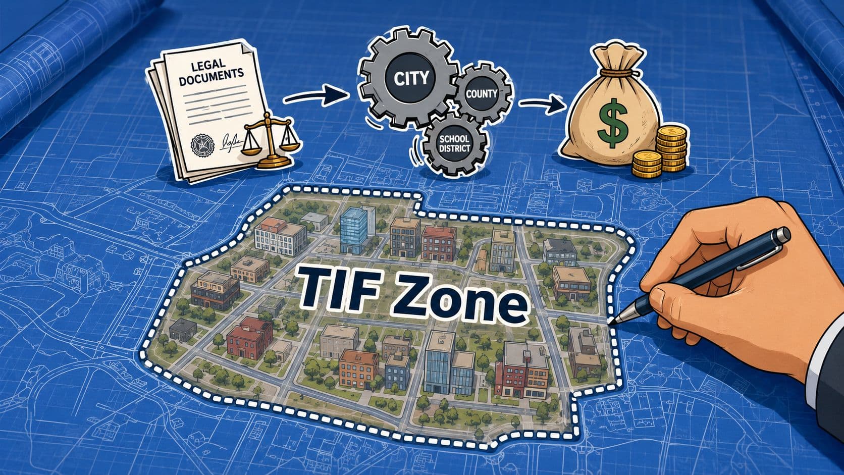 An illustration showing a hand outlining a TIF Zone on a blueprint with associated financial and administrative icons.