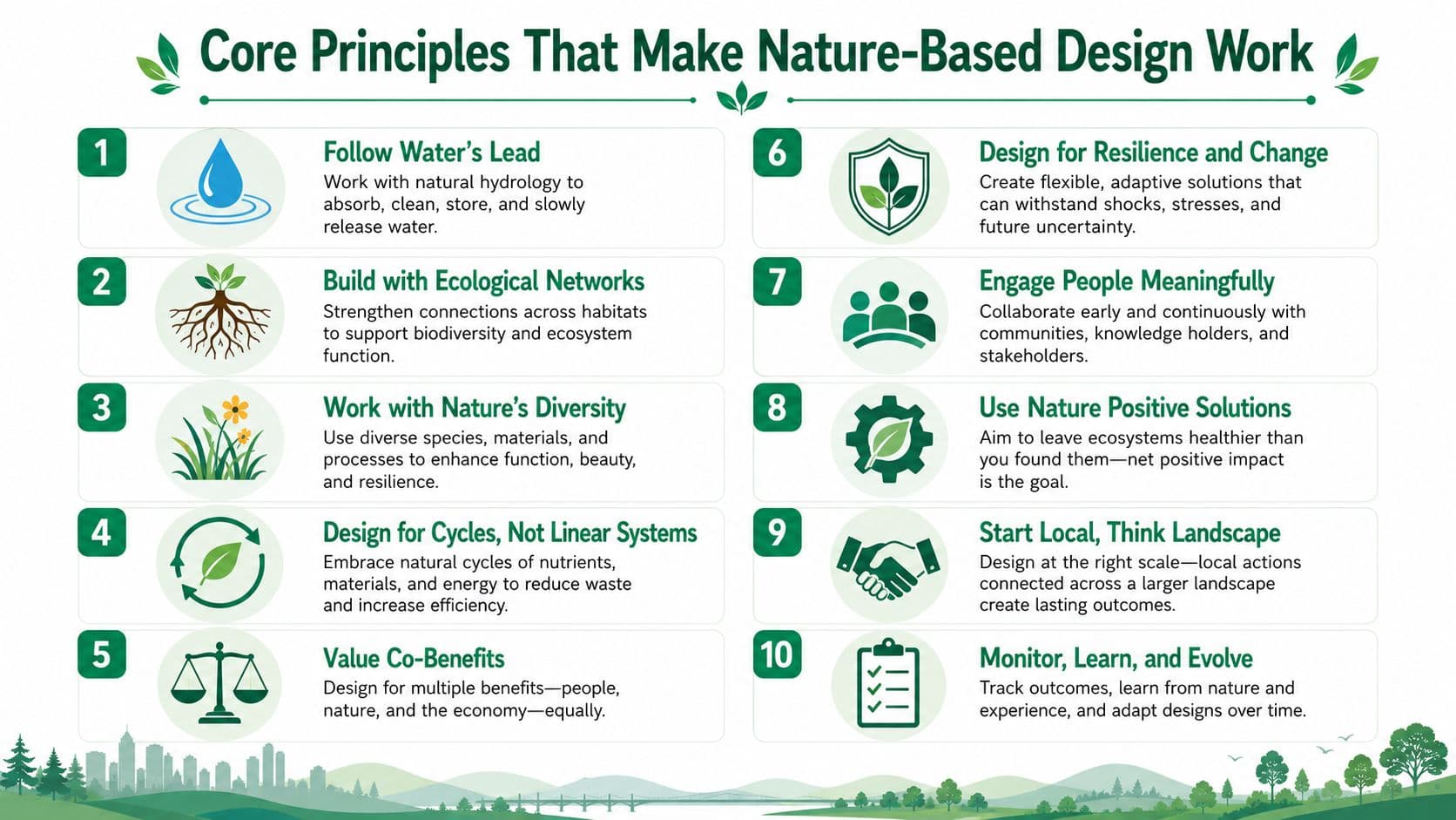 An infographic detailing ten core principles for implementing nature-based design strategies in urban and landscape planning.