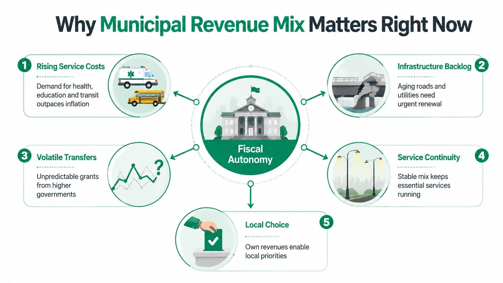 An infographic illustrating five key reasons why a balanced municipal revenue mix is vital for fiscal autonomy.