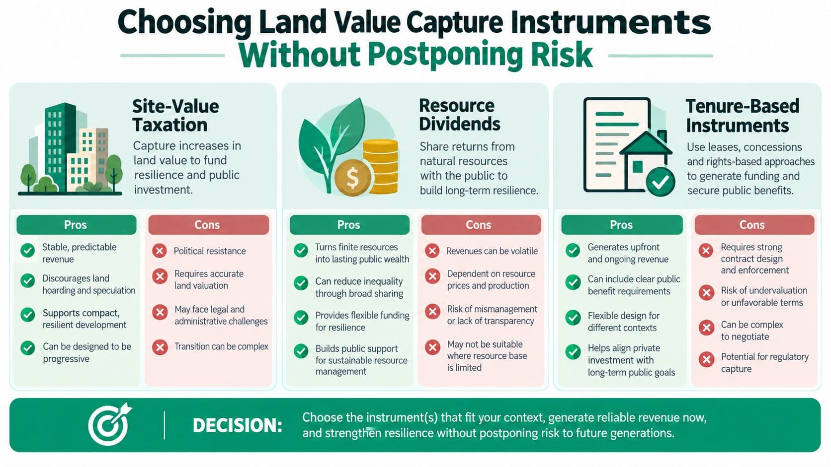 A chart comparing different land value capture instruments including site-value taxation, resource dividends, and tenure-based instruments for policy planning.