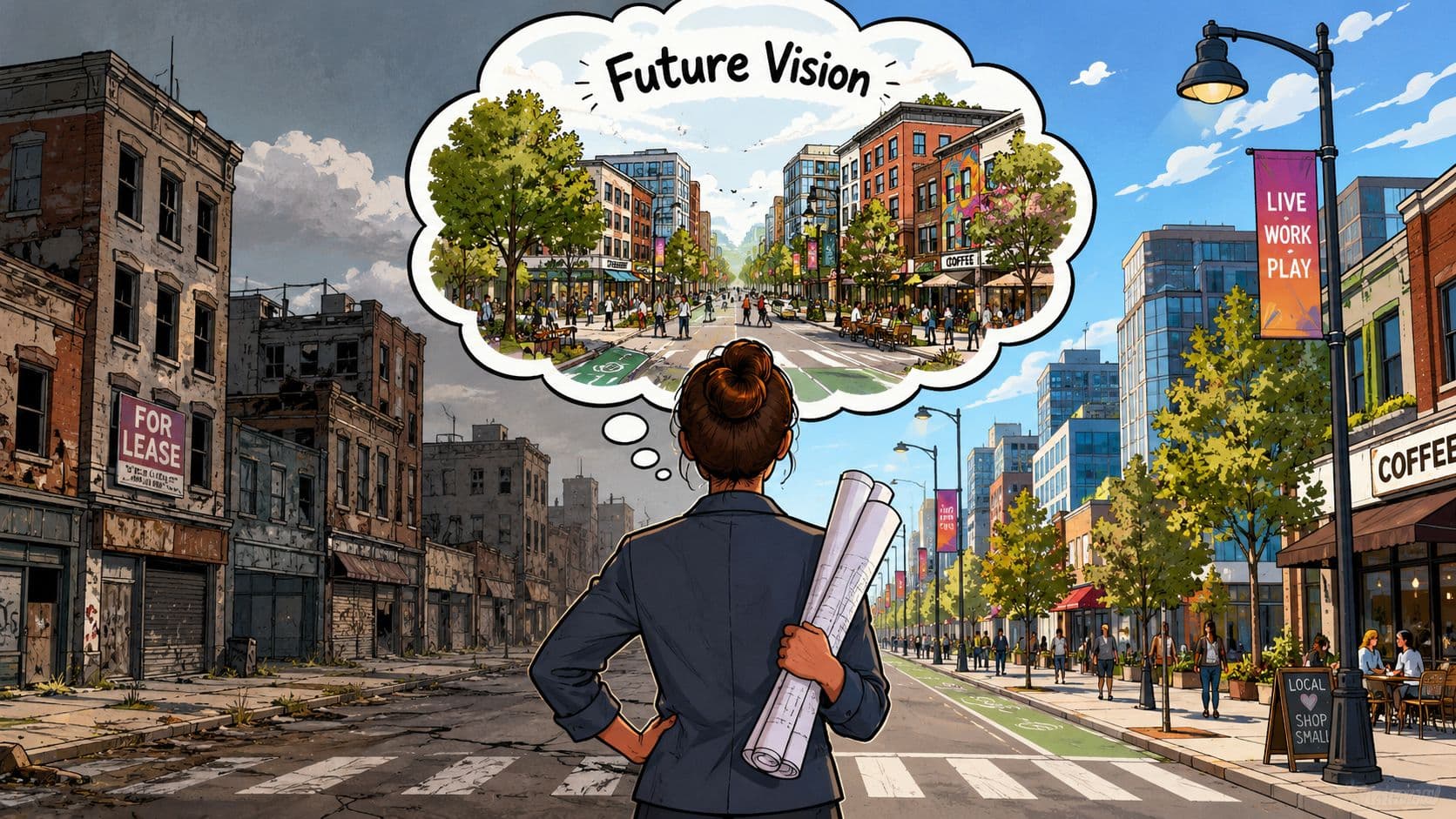 A professional planner holding blueprints looks at a blighted street envisioned as a vibrant, sustainable neighborhood.