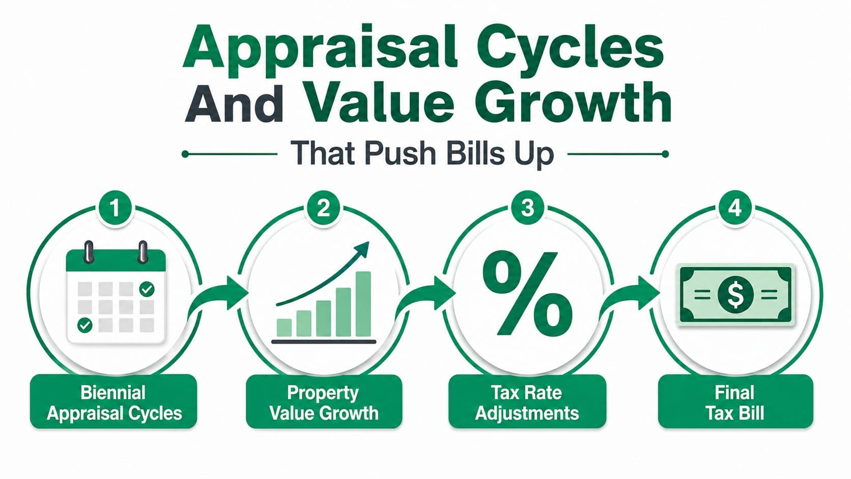An infographic showing the four-step process of property appraisal cycles and tax value growth.